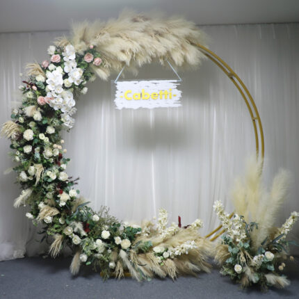 Custom Premium Floral Styling Moon Shape Arch Pampas Rose Leaves Plants Wedding Artificial Flower Arch With Metal Frame