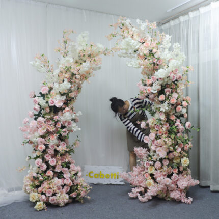 Custom Upscale Silk Flowers Arrangement Romantic Wedding Flower Arch Decoration Artificial Pink Rose And White Cherry Blossoms Flower Arch For Wedding Decoration